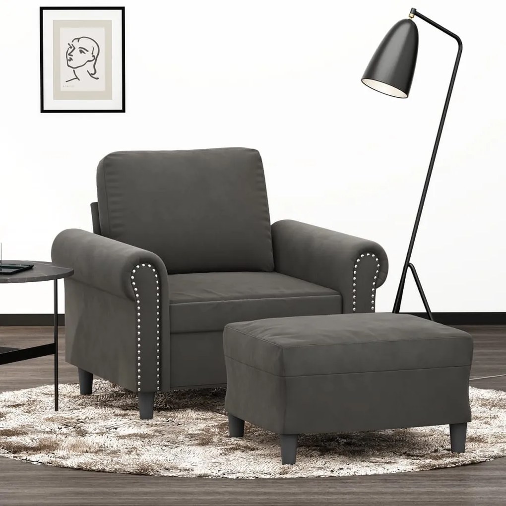 3153624 vidaXL Fotoliu canapea cu taburet, gri închis, 60 cm, catifea