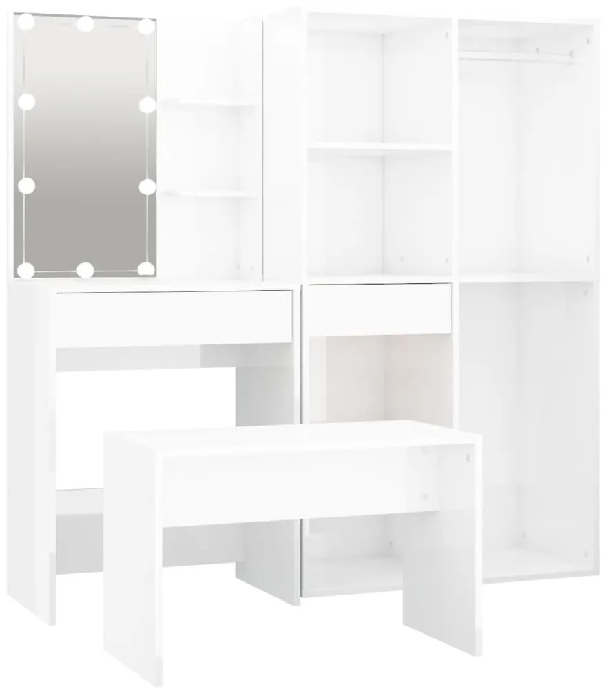 3114103 vidaXL Set măsuță de toaletă cu LED, alb extralucios, lemn prelucrat