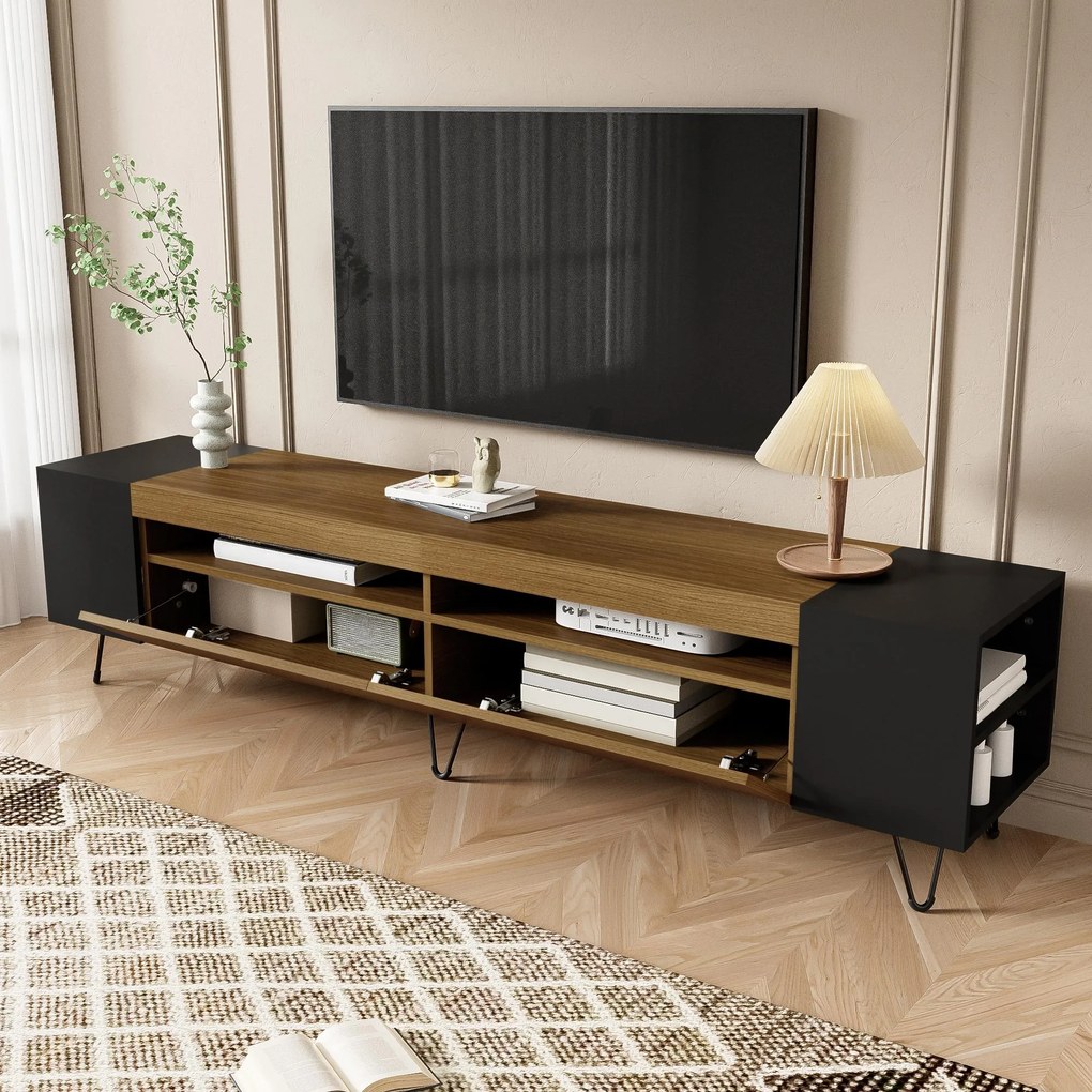 Dulap TV cu aspect de lemn, 2 compartimente deschise, rafturi laterale, 180x36x43 cm, Negru + Culoare naturală
