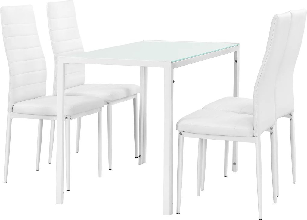 [en.casa]® Set design masa de bucatarie/salon Hamburg, en.casa, 105 x 60 cm, 4 scaune, otel, sticla, imitatie piele, alb