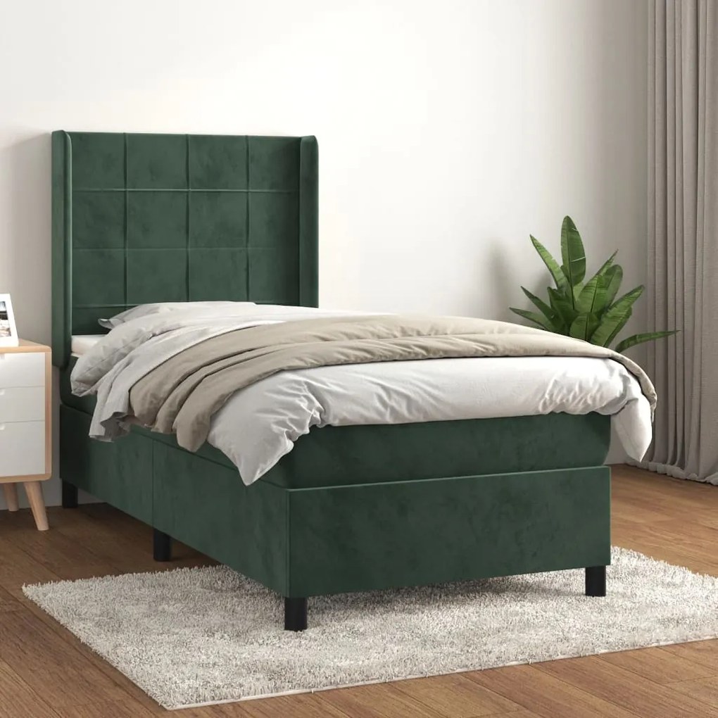 3132654 vidaXL Pat box spring cu saltea, verde închis, 90x190 cm, catifea