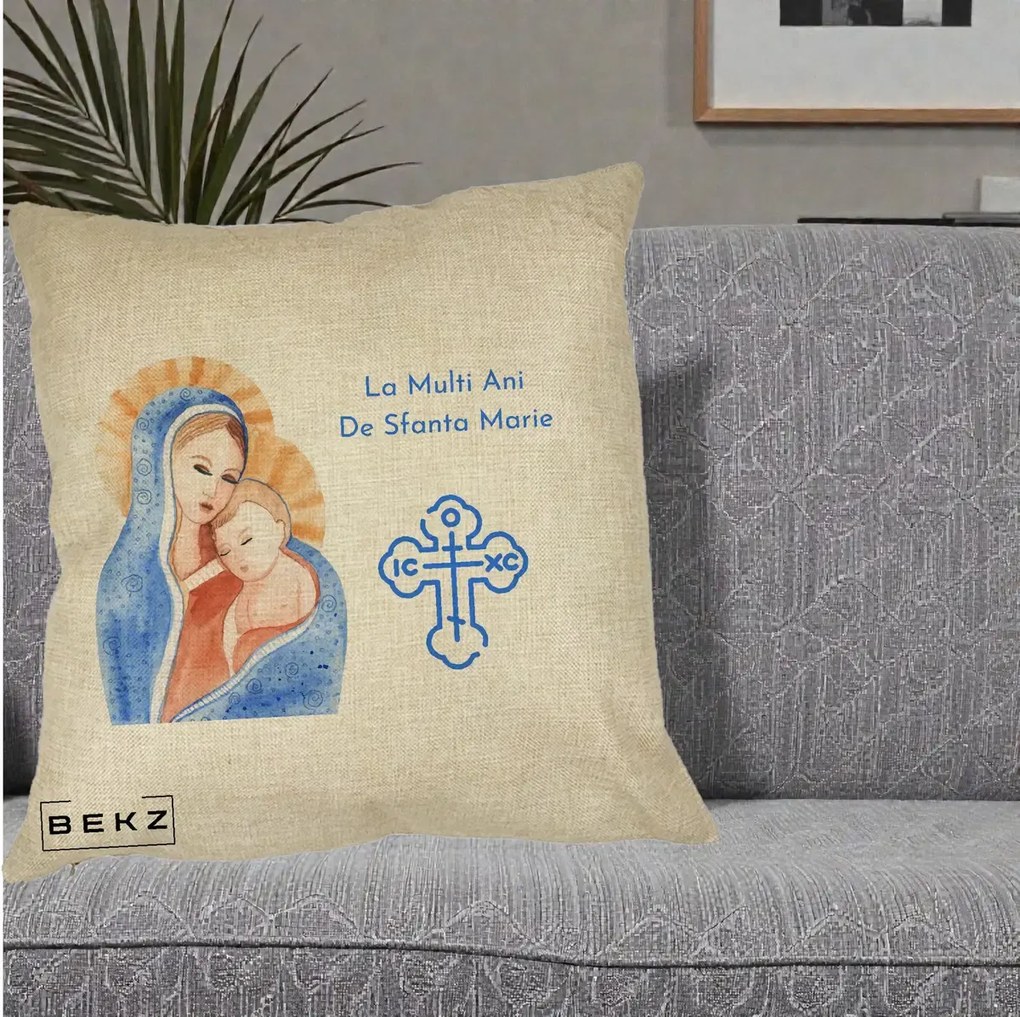 Cadou de Onomastica - Perna Personalizata Sfanta Marie Icoana Acuarela, 40x40 cm, Crem, Husa Detasabila, Perna Inclusa, BEKZ®