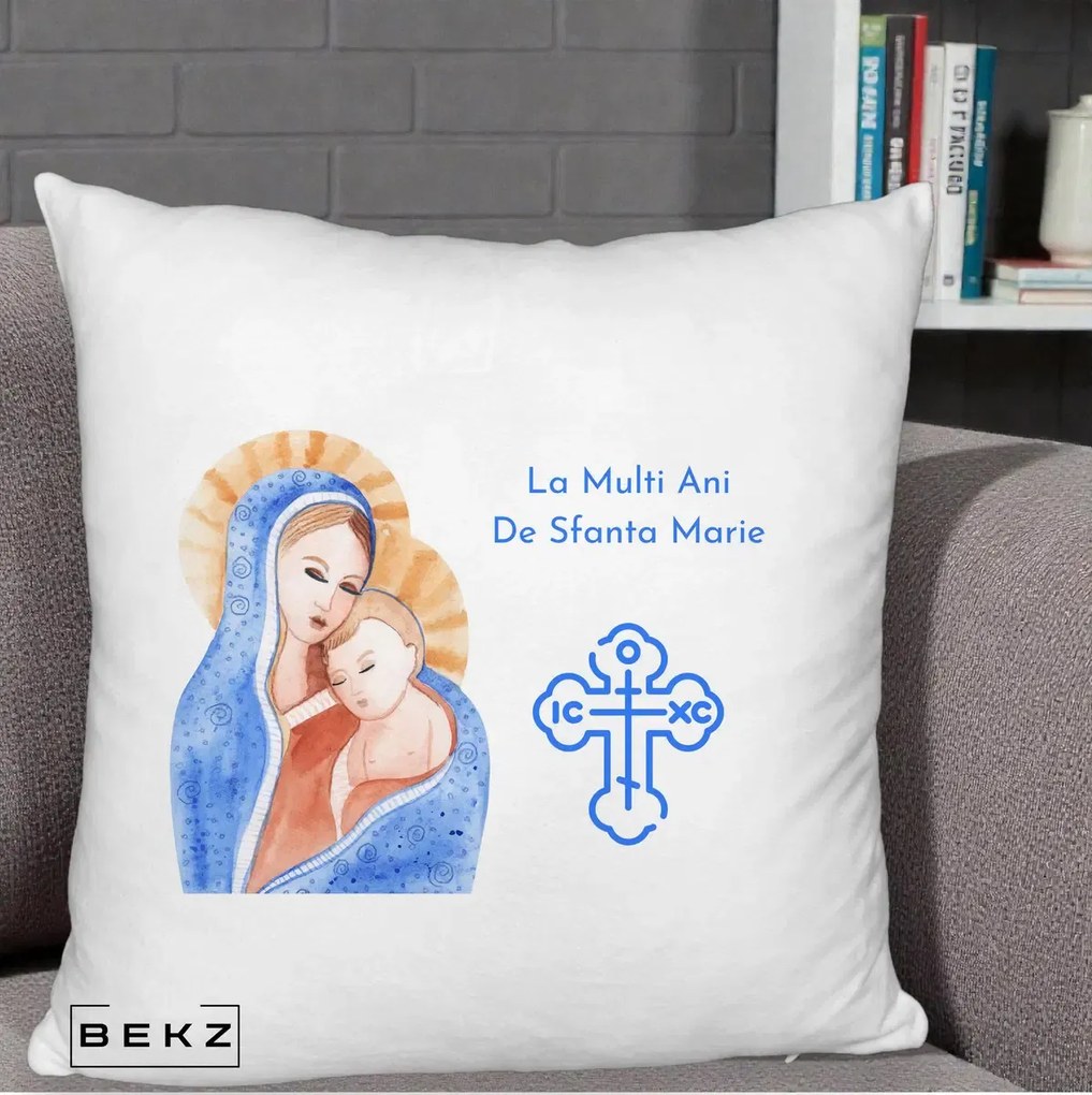 Cadou de Onomastica - Perna Personalizata Sfanta Marie Icoana Acuarela, 40x40 cm, Alb Pufos, Husa Detasabila, Perna Inclusa, BEKZ®