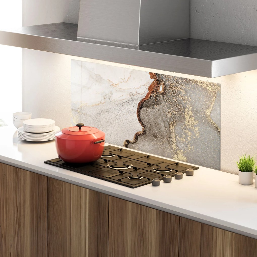 Panou Sticla Bucatarie, 60x150cm, Protectie aragaz, Antistropi, Termorezistent, Abstracte, Marble, Grey Gold Marble Gigapixel Art Scale 0_50x