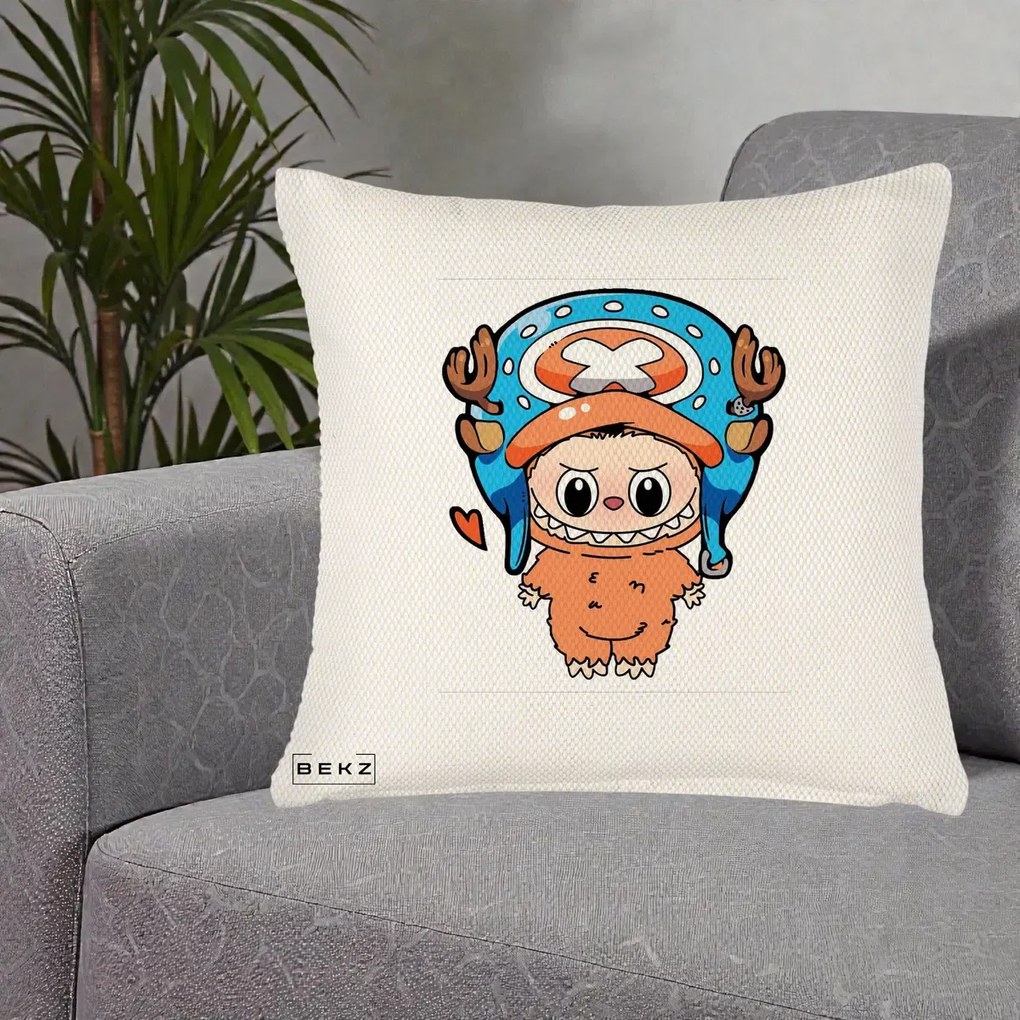 Perna Personalizata Labubu x Tony Tony Chopper, 40x40 cm, Crem Reliefat, Husa Detasabila, Perna Inclusa, BEKZ®