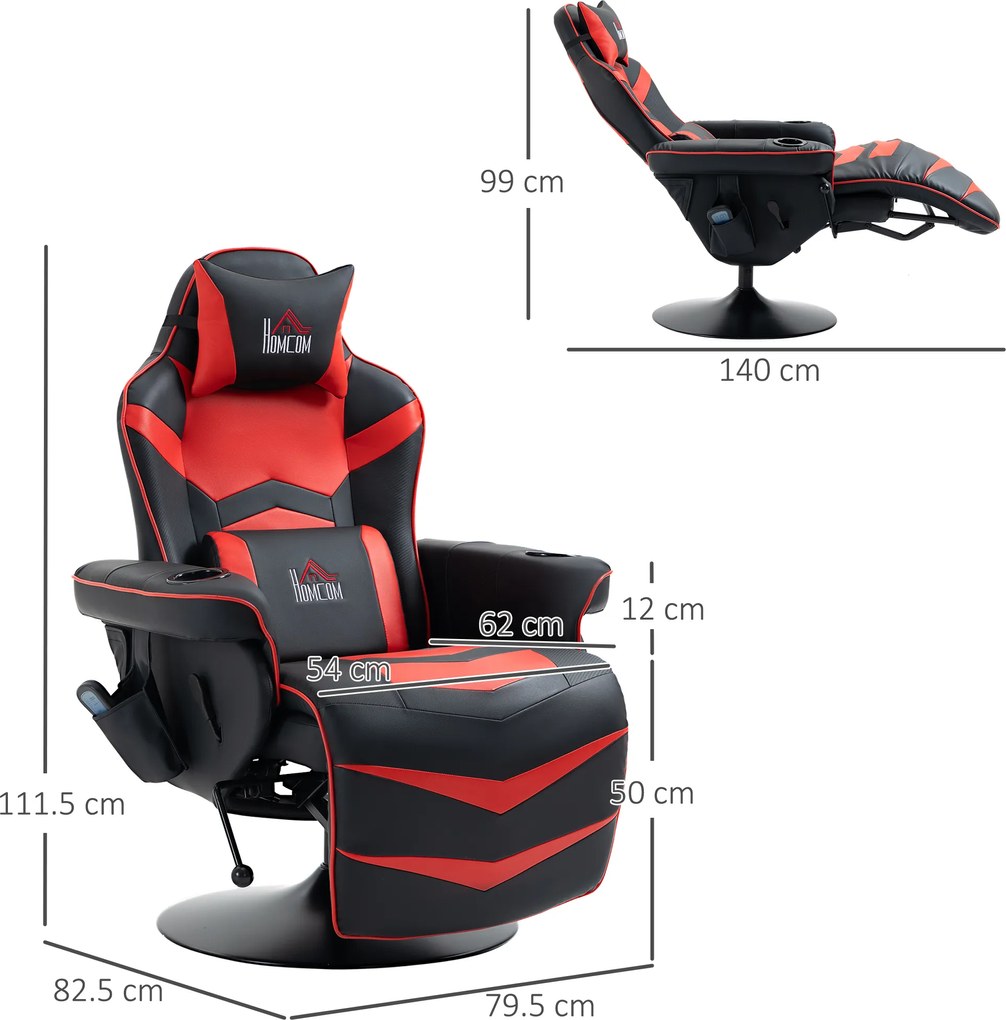 HOMCOM Scaun de Gaming cu Masaj, Suport pentru Picioare și Pernă, din Piele Sintetică, 79,5x82,5x111,5 cm, Negru și Roșu | Aosom Romania