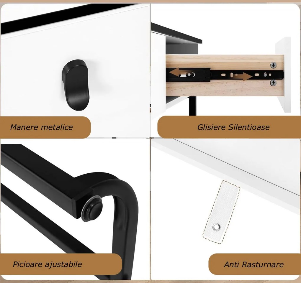 SEA470 - Set Masa toaleta 100 cm cosmetica machiaj, oglinda cu LED, masuta vanity, cu sau fara taburet - Alb - Negru