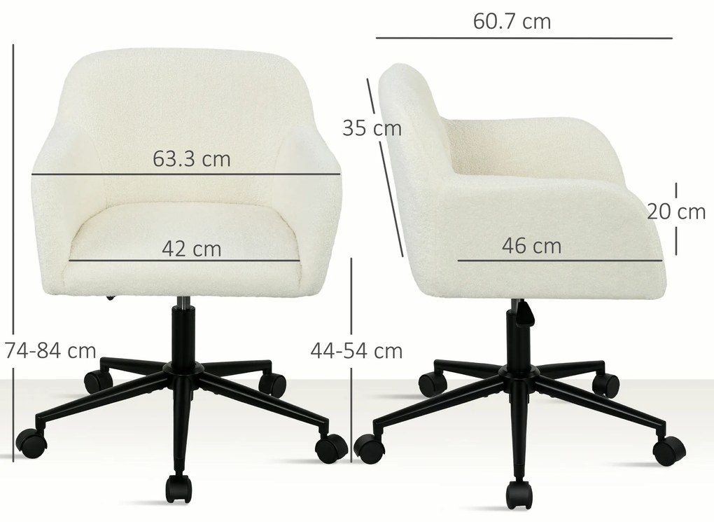 HOMCOM Scaun de birou rotativ cu role, Scaun de birou, Fleece, Spumă, reglabil în înălțime, Homeoffice, Crem alb | Aosom Romania