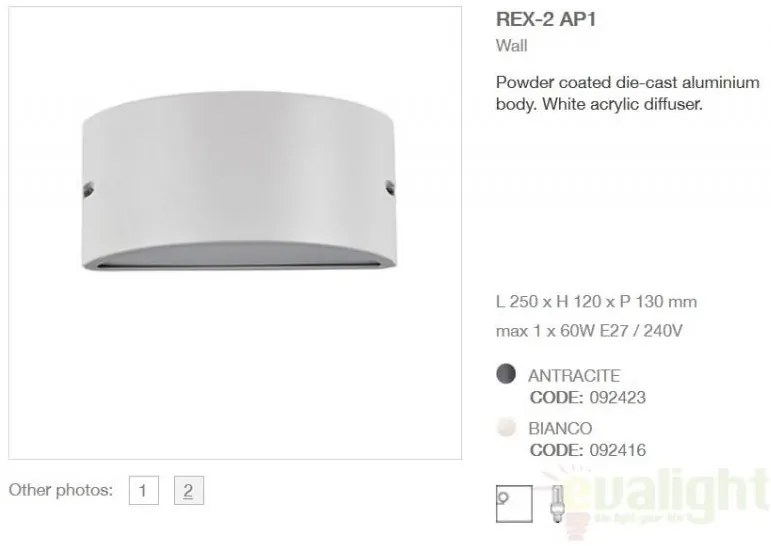 Aplica de perete exterior, IP44, REX-2 AP1 BIANCO 092416