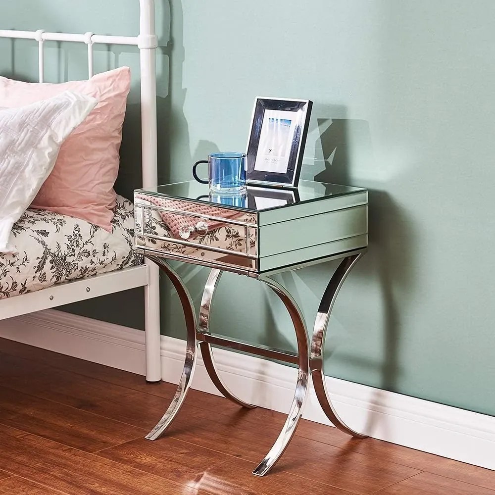 Noptieră din oglindă argintie și picioare din oțel inoxidabil, 38x35x56 cm