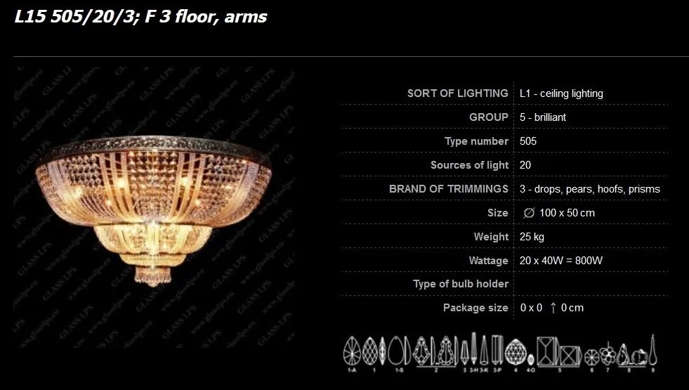 Plafoniera cristal Bohemia, L15 505/20/3; F 3 floor, arms