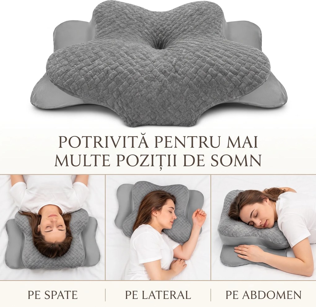 Perna cervicala ortopedica memory foam cu strat reglabil 2 cm, husa Tencel, Gri