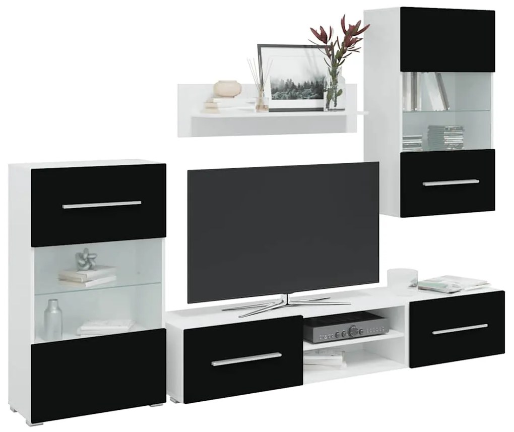 vidaXL Set mobilier comodă TV de perete, 5 piese, iluminare LED, negru