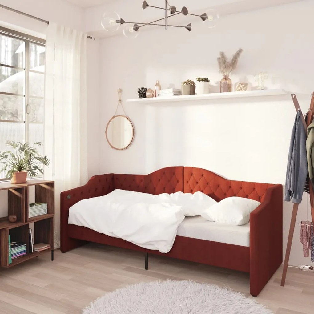 337186 vidaXL Pat de zi, roșu vin, 90x200 cm, textil, USB