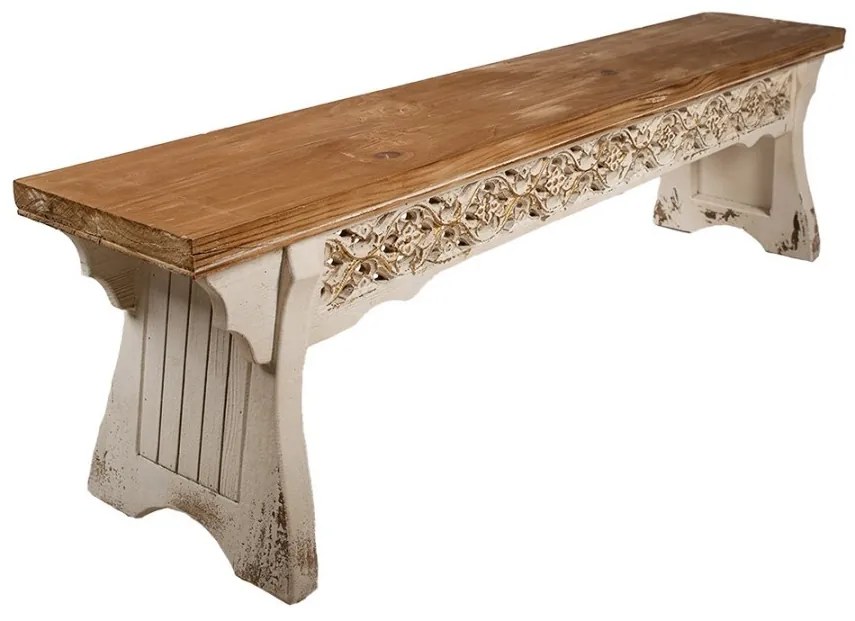 Banchetă brocante din lemn masiv, finisaj maro antichizat, 169x36x46 cm