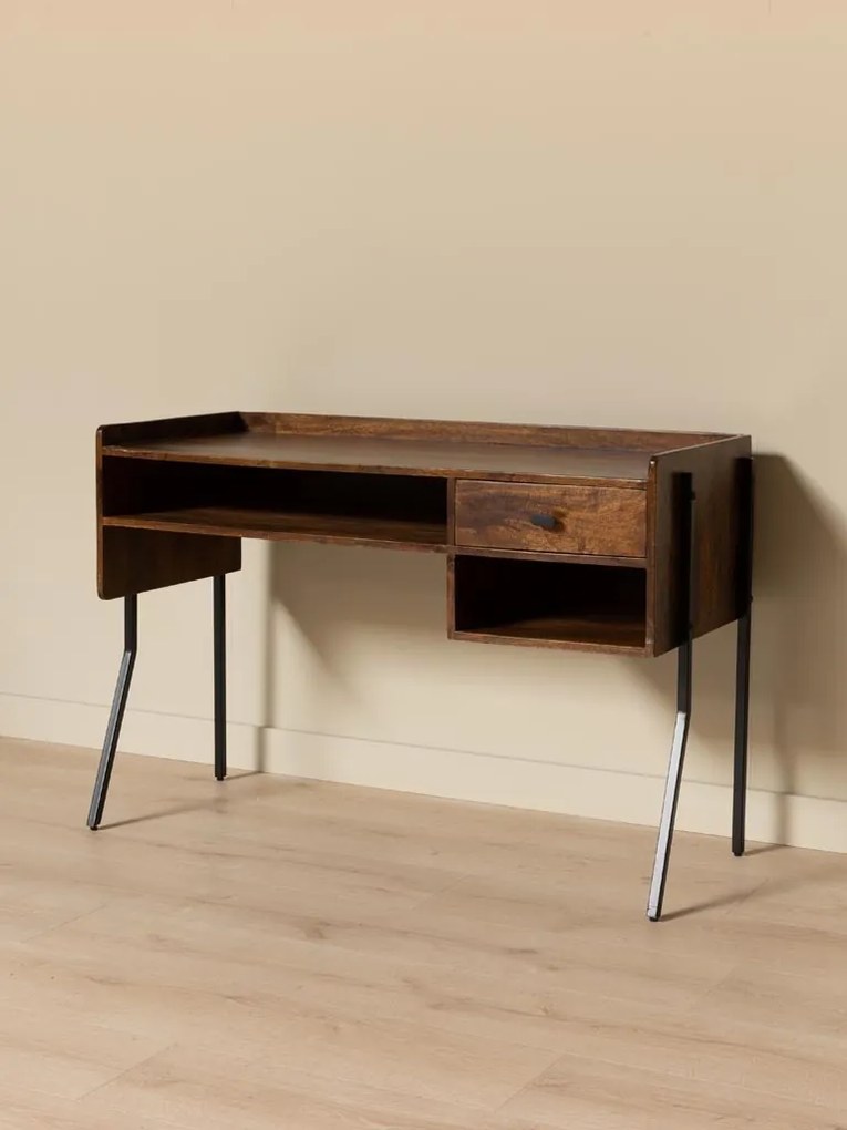 Birou vintage din lemn de mango și metal, cu blat maro antichizat, 1 sertar și picioare din metal negru, finisaj satinat, 117.5×50×80.5 cm, „Flow"
