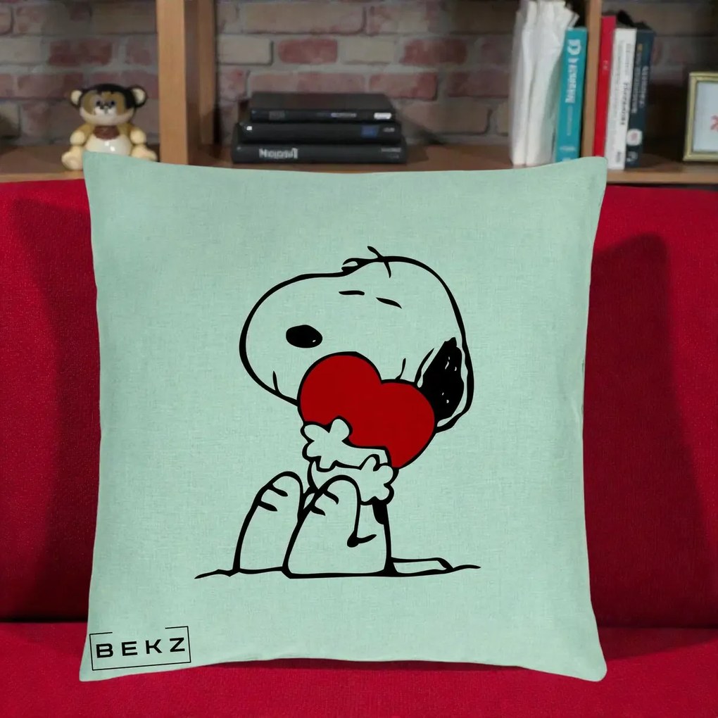 Perna Personalizata Snoopy cu Inima, 40x40 cm, Verde Menta, Husa Detasabila, Perna Inclusa, BEKZ®