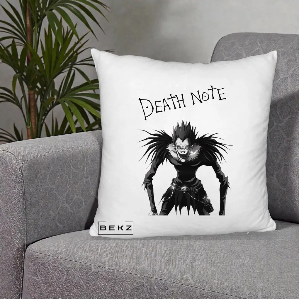Perna Personalizata Death Note Ryuk Shinigami Alb-Negru, 40x40 cm, Alb Pufos, Husa Detasabila, Perna Inclusa, BEKZ®
