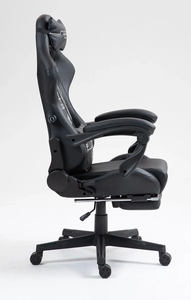 RESIGILAT- Scaun gaming, ergonomic, perna lombara cu masaj, suport lombar reglabil, spătar reglabil 90-155°, suport pentru picioare, piele PU, Negru/Alb