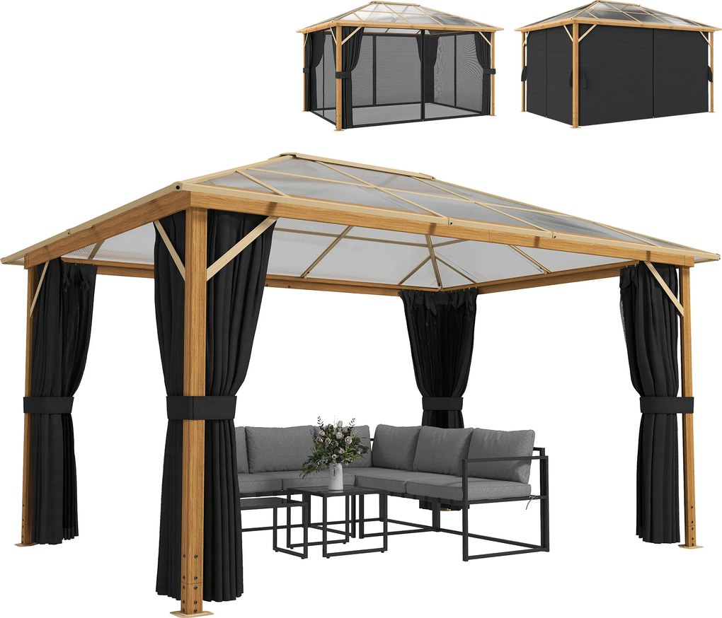 Outsunny Pavilion de grădină cca. 4x3 m Aluminiu cu acoperiș din policarbonat 6 mm, plasă anti-țânțari, 4 laterale, aspect lemn, Lemn natural | Aosom Romania