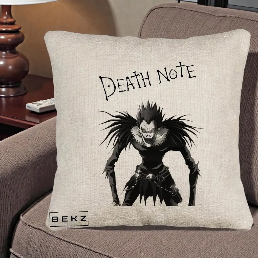 Perna Personalizata Death Note Ryuk Shinigami Alb-Negru, 40x40 cm, Bej Canapea, Husa Detasabila, Perna Inclusa, BEKZ®