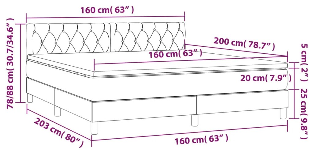 Pat box spring cu saltea, negru, 160x200 cm, textil Negru, 160 x 200 cm, Design cu nasturi
