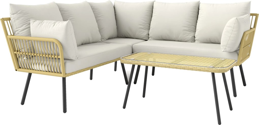Outsunny Set de Mobilier de Grădină din Ratan din 4 Piese cu Canapea de Colț cu Perne și Măsuță de Cafea, 11x63x74 cm, Crem | Aosom Romania