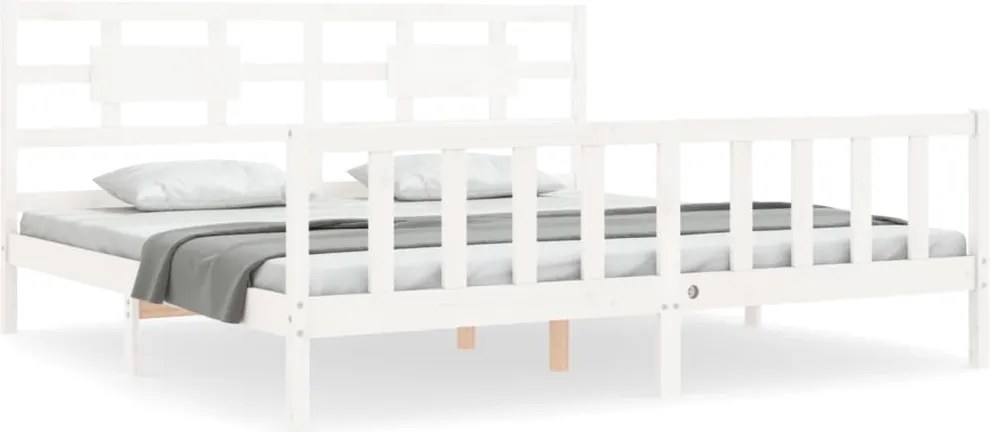 vidaXL Cadru de pat cu tăblie Super King Size, alb, lemn masiv
