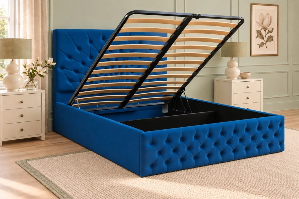 Pat tapițat Chesterfield din catifea Venezia 140×200 cm, albastru, cu ladă de depozitare