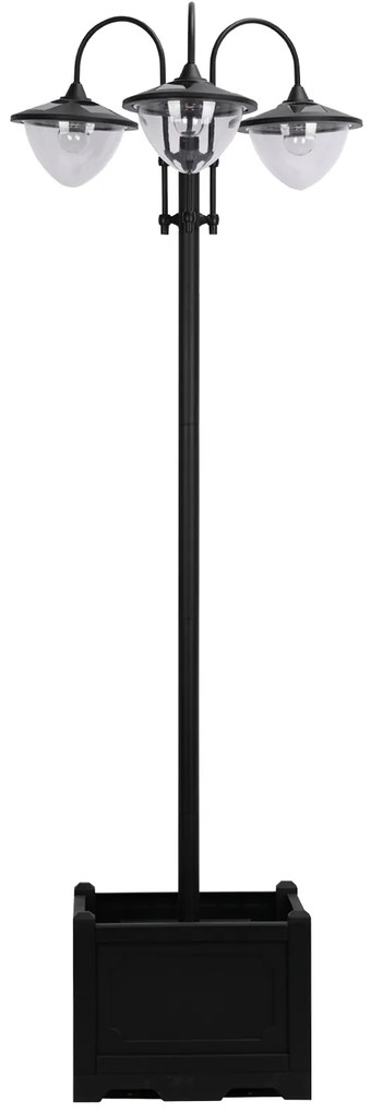 Outsunny Lampadar de grădină Solar LED cu 3 Capete și Jardinieră Integrată, Negru, pentru Grădină și Terasă | Aosom Romania