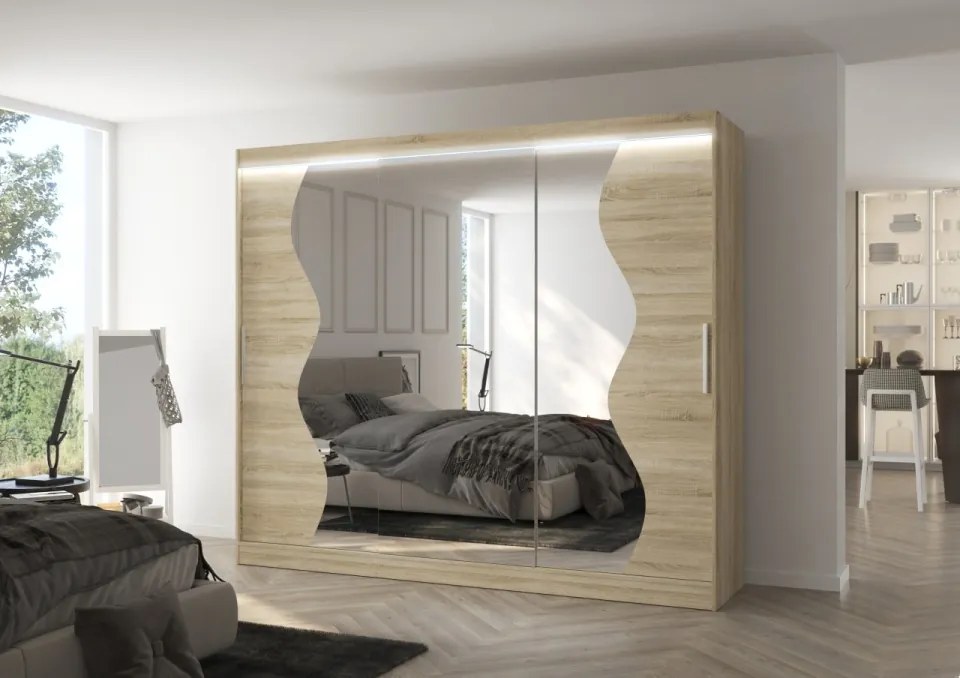 Dulap cu usi glisante si oglinda + iluminare LED, Sharon 250 + LED, 250 cmx200 cmx58 cm, ADRK Furniture (Culoare: Ciocolata)