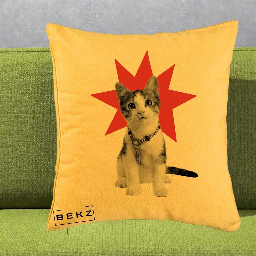 Perna Decorativa Pisica Star Pop Art, 40x40 cm, Galben, Husa Detasabila, Perna Inclusa, BEKZ®