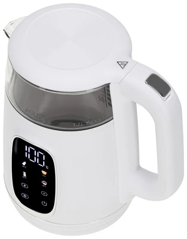 Cana electrica Adler AD 1305, 1850/2200 W, 1,7 l, Control tactil, Afisaj LCD color, 5 setari temperatură 40-100°C, Filtru antidecantare, Alb