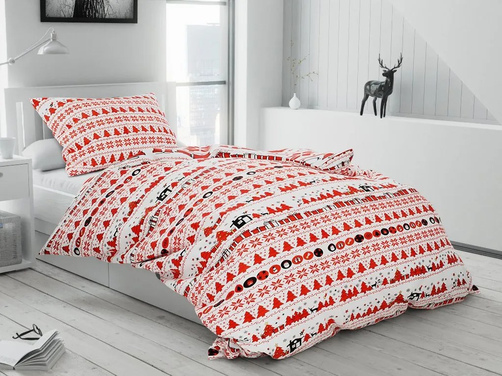 Lenjerie de pat flanel CHRISTMAS TOP rosu + cearsaf microplus SOFT 90x200 cm alb
