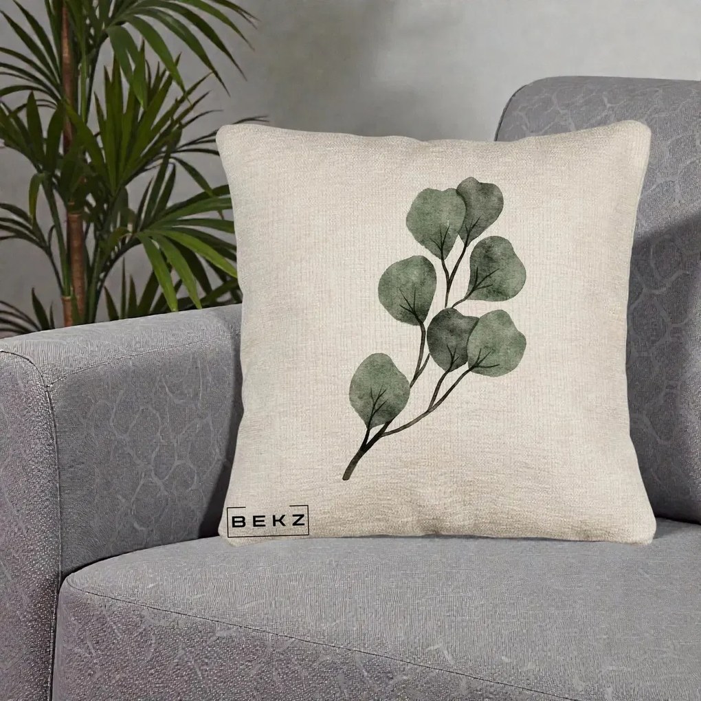 Perna Decorativa Ramura Eucalipt Acuarela, 40x40 cm, Bej Canapea, Husa Detasabila, Perna Inclusa, BEKZ®
