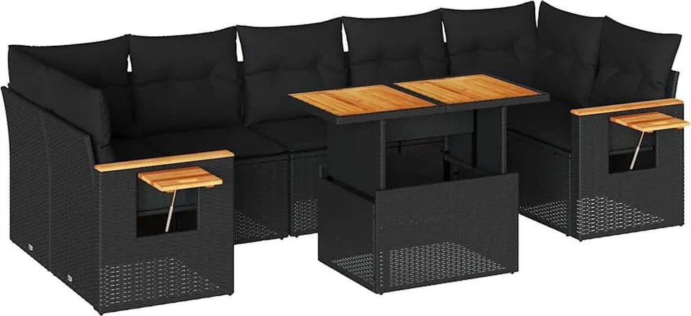 vidaXL Set mobilier grădină perne 8 piese negru, poliratan/lemn acacia