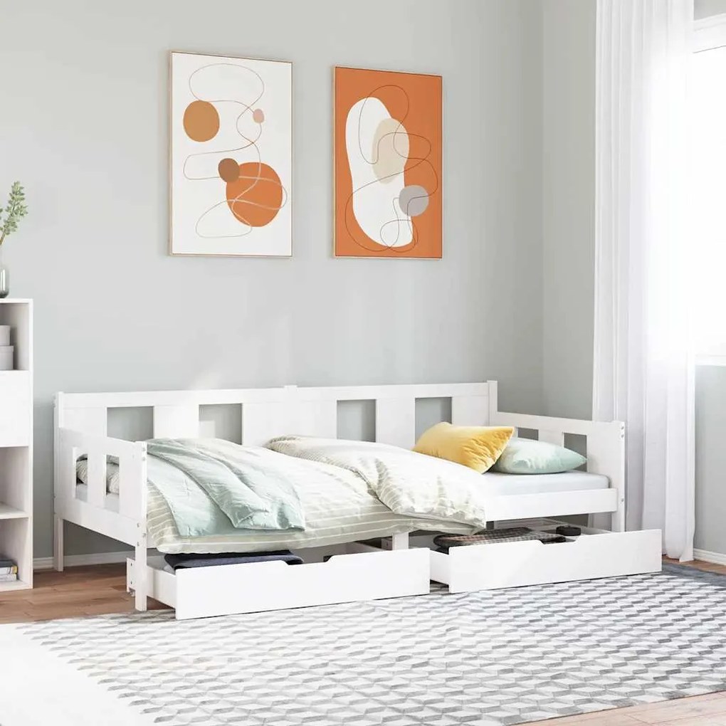 vidaXL Pat de zi cu sertare, alb, 90x200 cm, lemn masiv pin