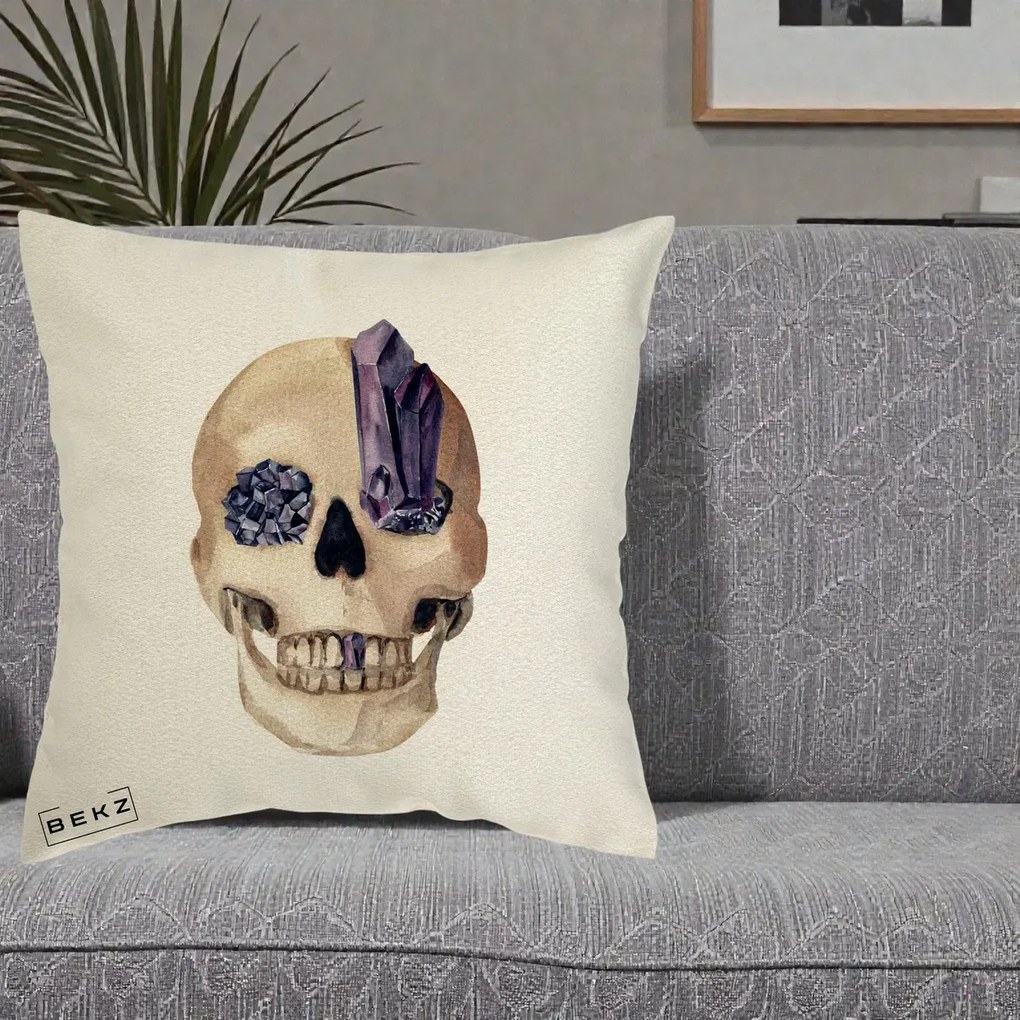 Perna Decorativa Craniu cu Cristale de Ametist, 40x40 cm, Ecru, Husa Detasabila, Perna Inclusa, BEKZ®