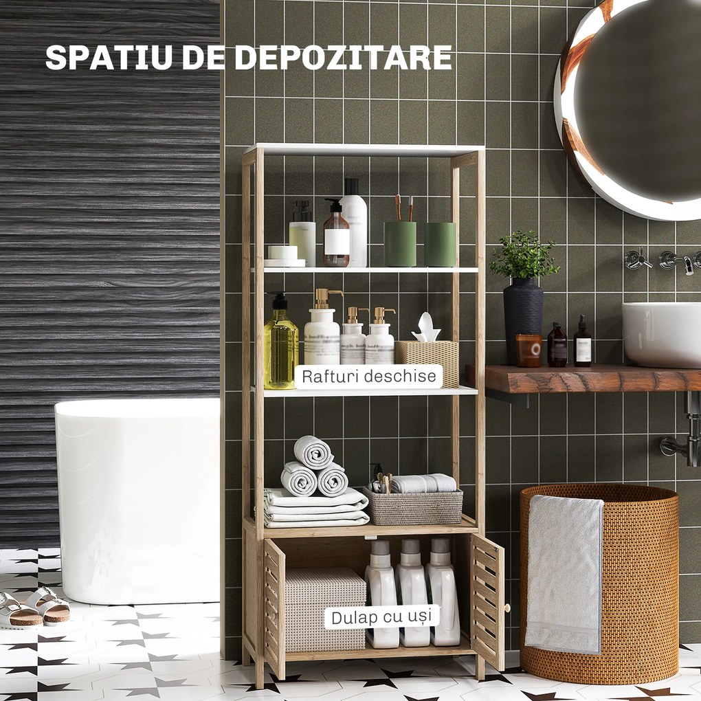HOMCOM Mobilier Baie cu 3 Rafturi, mobilier de baie din Bambus, 63x30x138 cm, Alb | Aosom Romania