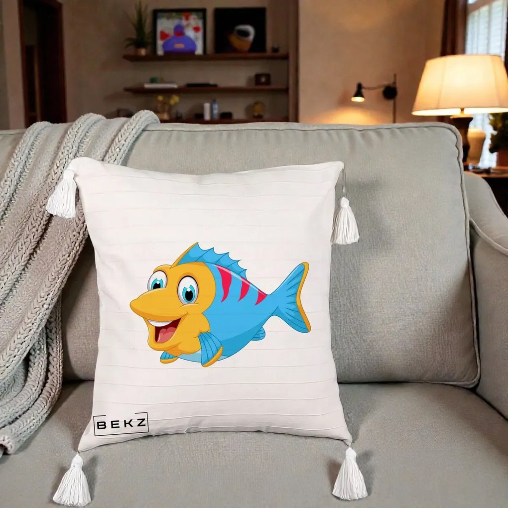 Perna Decorativa Peste Vesel Cartoon, 40x40 cm, Bej cu Franjuri, Husa Detasabila, Perna Inclusa, BEKZ®