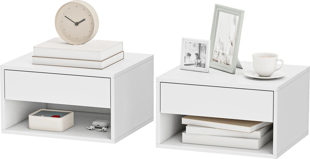 HOMCOM Set de 2 noptiere suspendate, noptiere, sertar, compartiment deschis, blat, 37 x 32 x 21 cm, alb | Aosom Romania