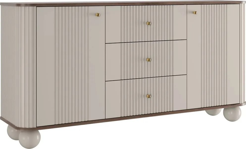 Comodă cu sertare pe picioare rotunde Vesper 160 cm - cașmir / nuc / mânere aurii