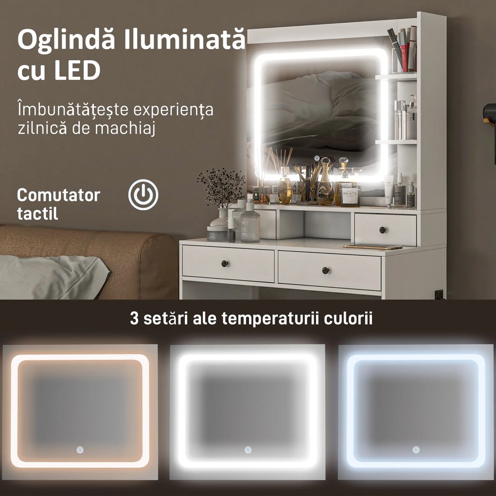 HOMCOM Masă de Toaletă cu Oglindă Iluminată LED, Masă de Machiaj cu Stație de Încărcare, 4 sertare și rafturi de depozitare, 90x45x160 cm, Alb