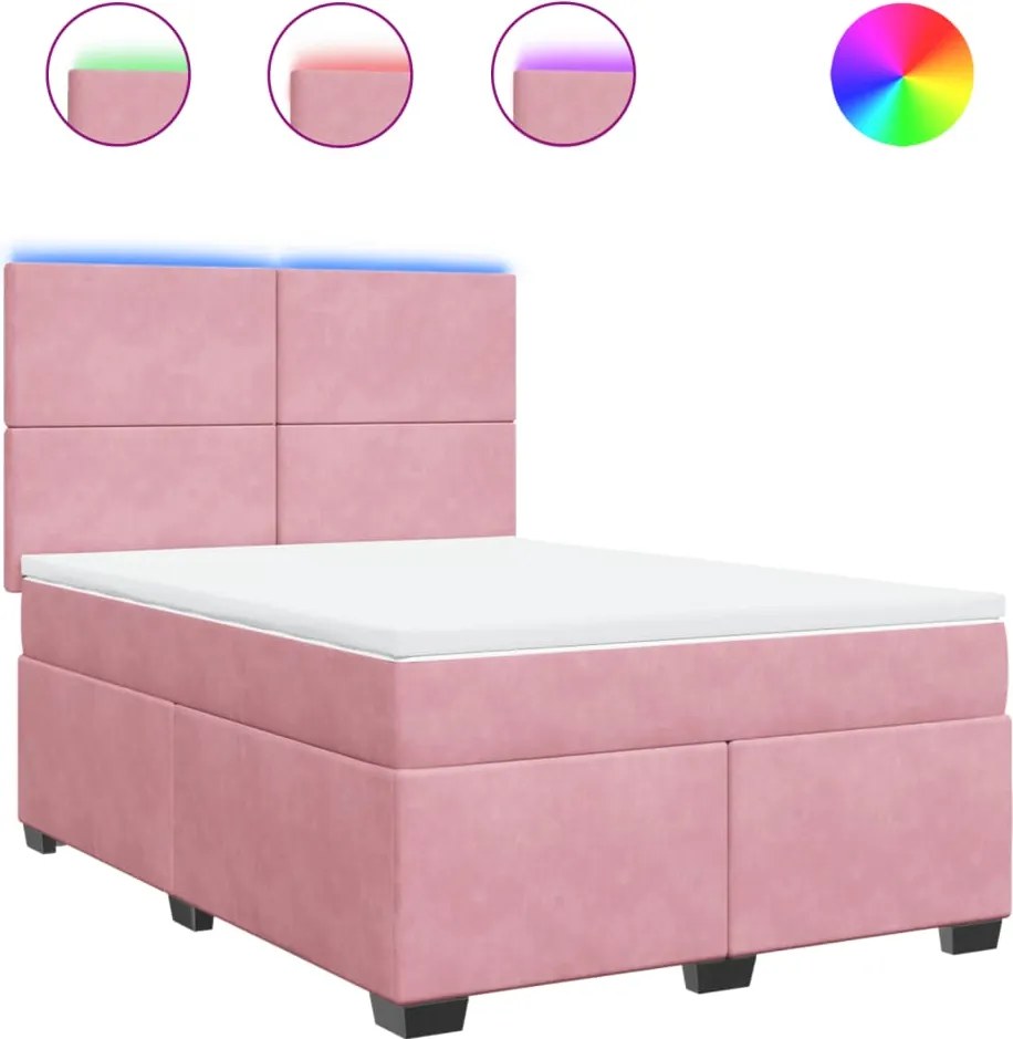 vidaXL Pat box spring cu saltea, roz, 140x200 cm, catifea