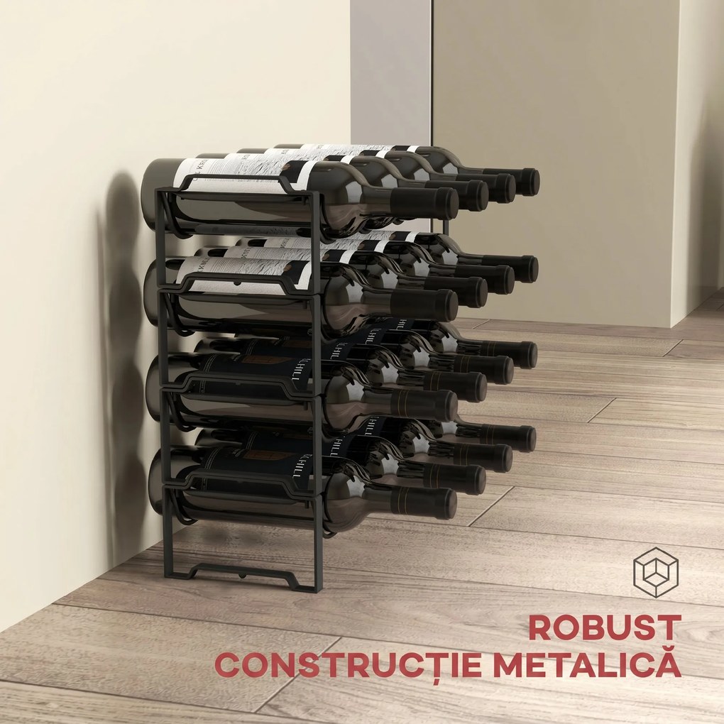 HOMCOM Suport pentru Sticle de Vin cu 4 Niveluri, 42,5x16,5x41 cm, Negru | Aosom Romania