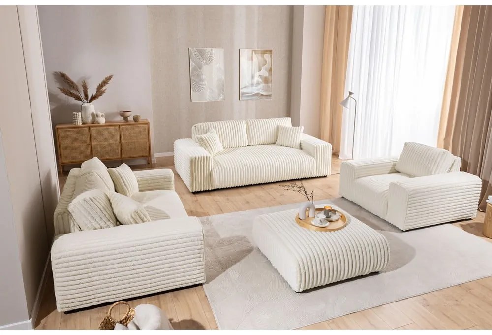 Taburet crem cu tapițerie din catifea reiată Justin – Ropez