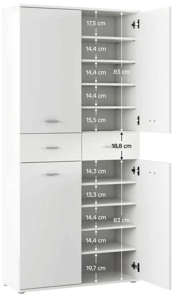 Dulap pantofar incaltaminte spatios , cu 10 rafturi si 2 sertare , alb, 90 cm lungime x 35 cm adancime x 191 cm inaltime, incap peste 25 -28 perechi