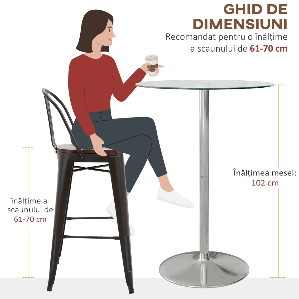 HOMCOM Masă Bistro Rotundă Modernă, Înaltă, cu Blat din Sticlă Securizată și Cadru din Oțel, Perfectă pentru 2, Transparent | Aosom Romania
