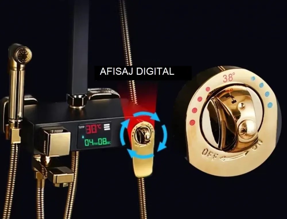 Coloană de duș, cu termostat, afișaj digital, 4 funcții, montare perete, alamă, Negru/Auriu, 8023