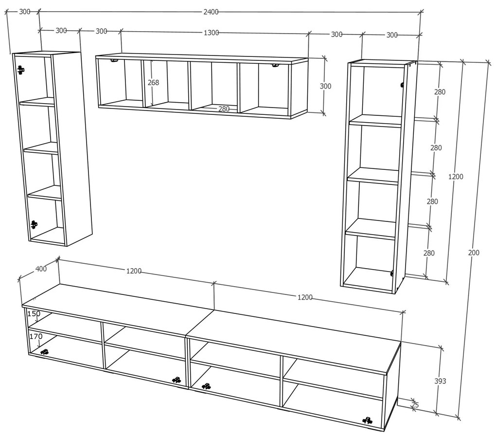 Living haaus Haga V19, Alb Lucios/Negru, MDF, L 240 cm